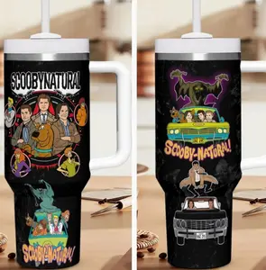Scooby X Supernatural Cartoon Tumbler, Scooby & Supernatural Crossover Mug With Handle And Straw, Mystery Gang Meets Winchester Brothers Cup, Funny Horror Cartoon Fan Gift