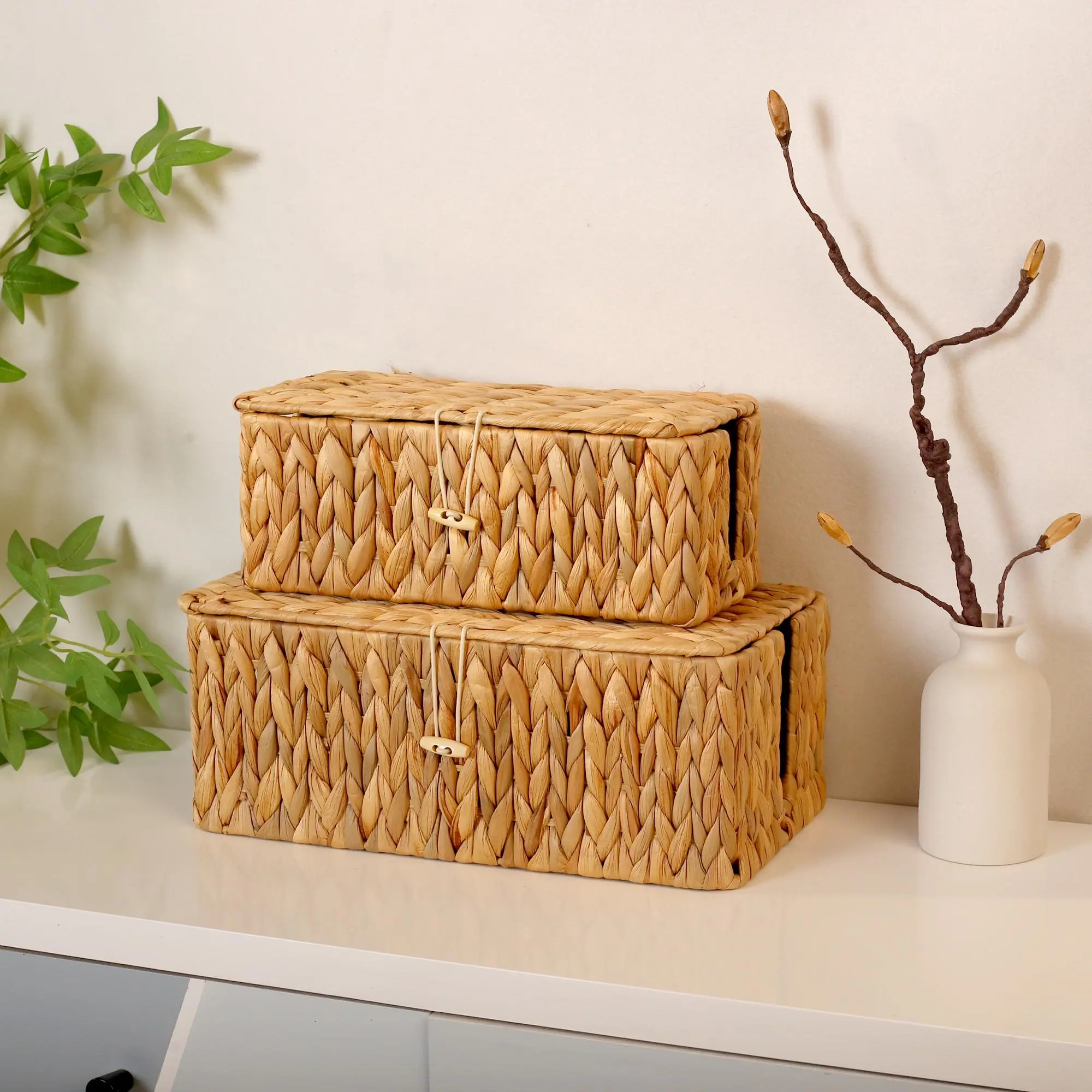 Woven Storage Basket with Lid, Wicker Storage Basket, 1/2 Counts Handmade Desktop Storage Box, Home Organizer, Storage for Organizing, Storage Organizers for Cosmetics, Bathroom, Wardrobe, Snack Shelf, Toy