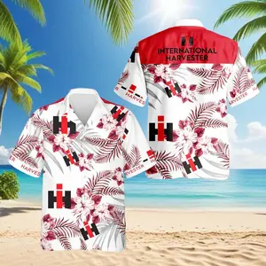 International Harvester Hawaiian Shirt Red Hibiscus Floral Palm Leaf Print Men Women Loose Fit Breathable Beach Summer Festival Casual Streetwear Button Down IH Fan Gift