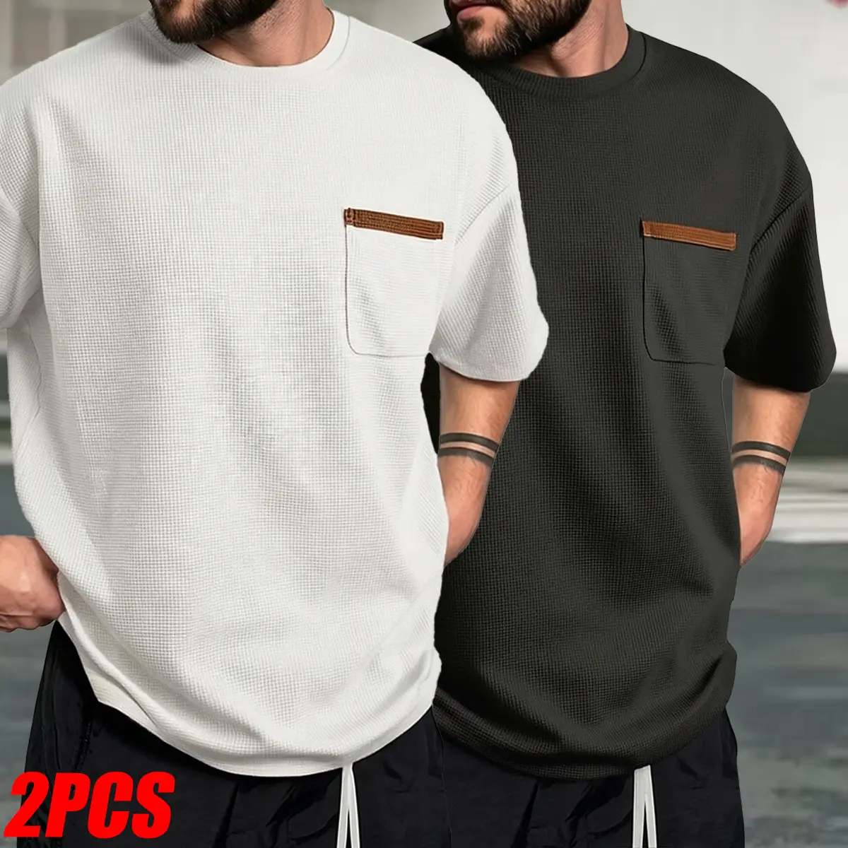 Set of 2: men’s casual short-sleeve T-shirts, regular fit, front pocket design. Suitable for everyday summer wear, fitness training, sports, and running. Men’s short-sleeve T-shirt, menswear.