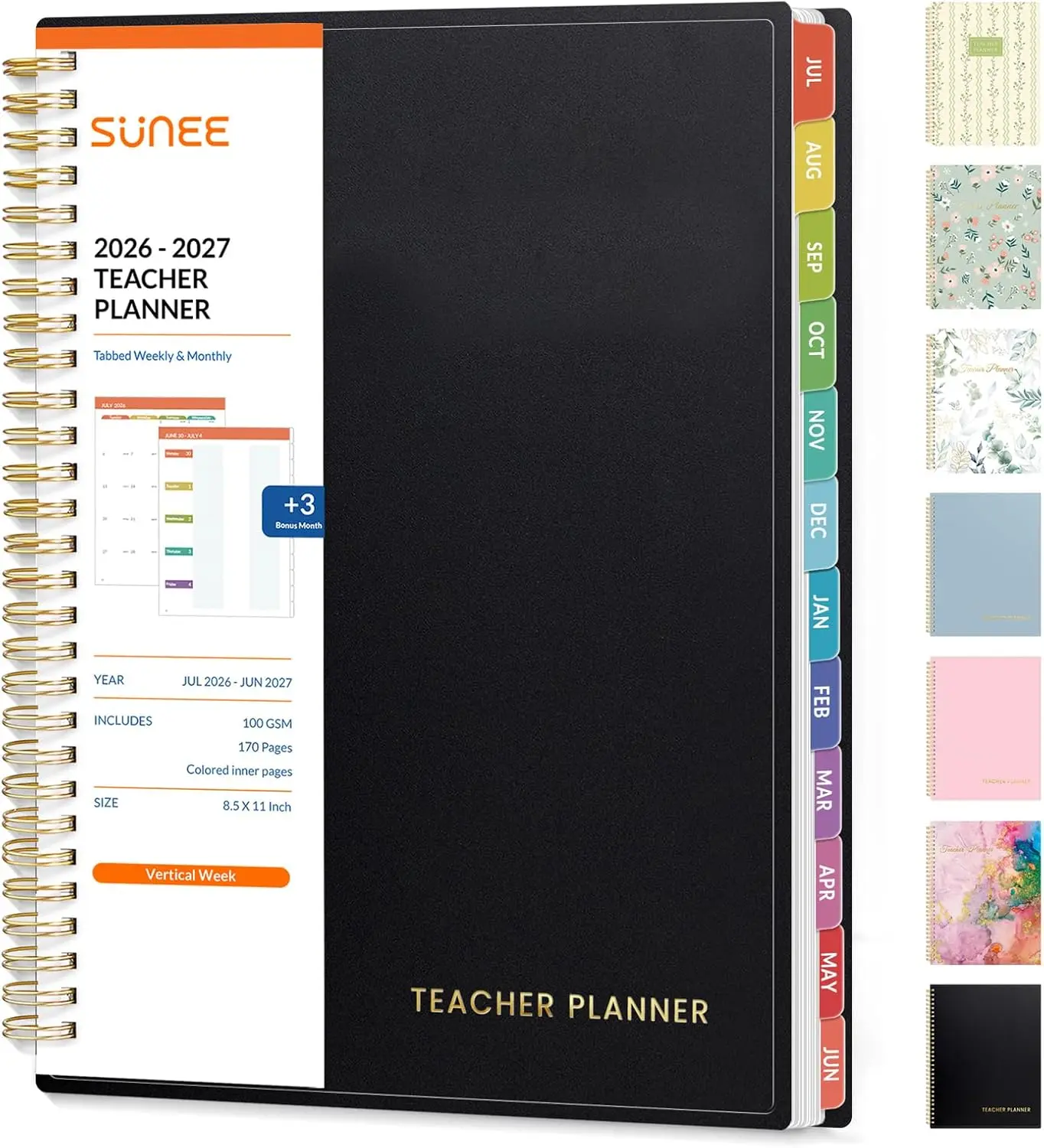 SUNEE Teacher Planner 2026-2027 Academic Year, Lite Lesson Planner Book with 7 Periods Jul 2026 - Jun 2027, 8.5"x11" Daily Weekly and Monthly Organizers, Plan Book with Pocket Folder, Color Tabs,Black