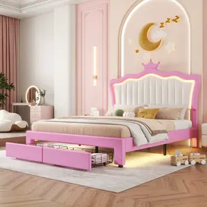 Full Size PU Leather Bed Frame with LED Lights, Crown Headboard and 2 Storage Drawers, Modern Upholstered Princess Bed for Bedroom, Pink+White