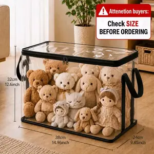 Black PVC Stuffed Animal & Doll Storage Box with Handle -Dustproof & Sturdy Organizer for Stuffed Animals, Dolls, Clothes, Kids' Room, Playroom, Living Room, or Birthday Gift