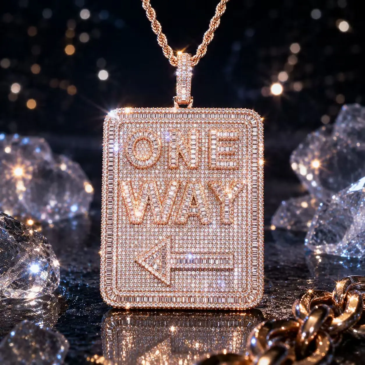 2008  Iced Out ONE WAY Arrow Street Fashion Square Tag Hip Hop Pendant Necklace for Men Women Daily Party Statement Jewelry summerwins Iced Out Chain