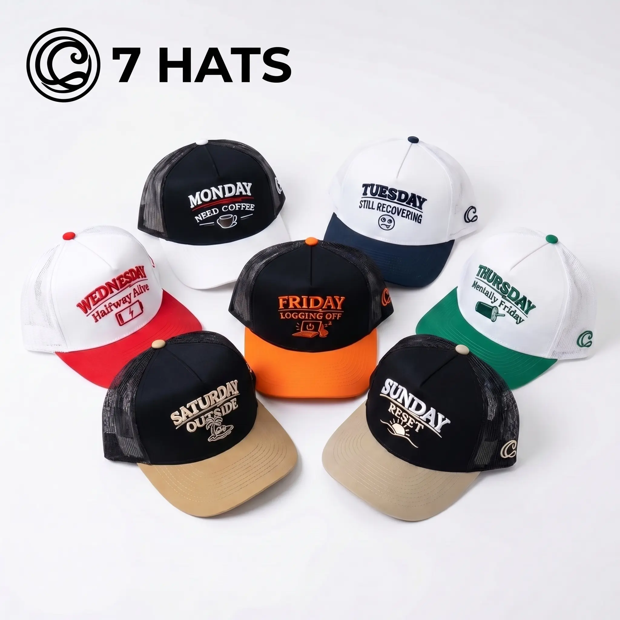 Unisex 7-Pack Everyday Trucker Baseball Cap Set - 7-Day Mood Caps, Days-of-the-Week Design, Casual Hat, Fashion Matching Hat, Minimalist, Adjustable Buckle, Outdoor Gift, Clothes, Lightweight, Mood-Based
