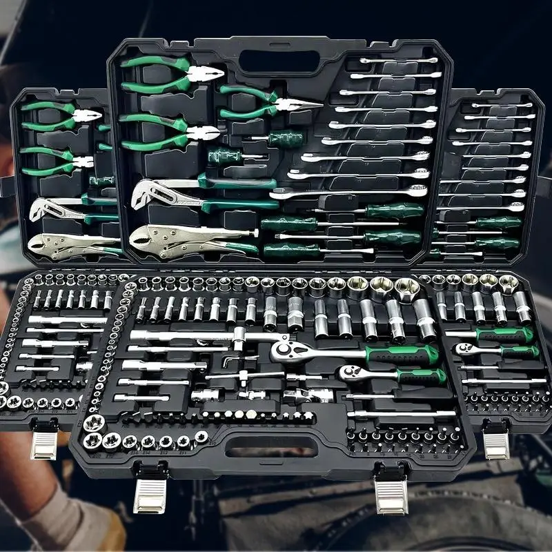 High-Quality Hardware Work Tool Box Set - Professional Hand Tools Including Adjustable Socket Wrench, Ratchet Torque Wrench, Screwdrivers, Sockets - Ideal for Car, Bicycle Repair