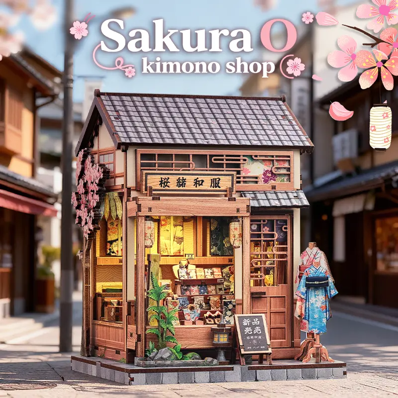 CUTEBEE 3D Wooden DIY Building Model Book Nook Kit - Japanese Sakura Kimono Shop Dollhouse Puzzle, Building Sets, Complete DIY Set, Woodworking Wood Craft Kits for Adults, Miniature Bookshelf Decor, Ideal Gift