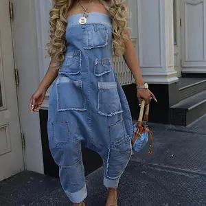 Fall?fashion?must?haves Strapless Loose Denim Jumpsuit | Multi-Pocket Distressed Summer Casual Fashion