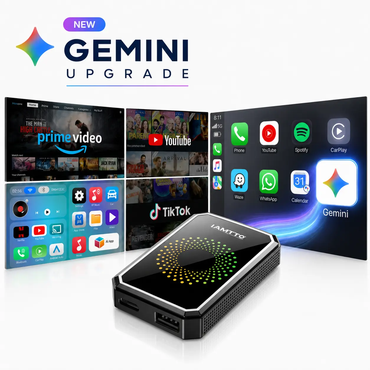 【Check Compatibility】LAMTTO 2026 Wired to Wireless CarPlay & Android Auto Adapter with Built-in Netflix, YouTube, TikTok & Gemini AI via Phone Hotspot | for Factory Wired CarPlay/AA Touchscreen Cars | Not for Tesla, BMW or Wireless CarPlay/AA