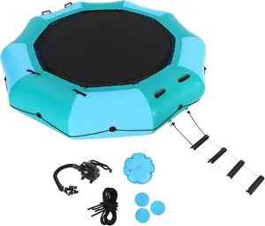 Inflatable Water Trampoline, 15FT Floating Water Trampoline for Adults for Lake Pool Ocean, w/ 4-Step Rope Ladder/Mooring Ropes/Infatable Nozzles/Reversible Air Pump/Anchor Bags