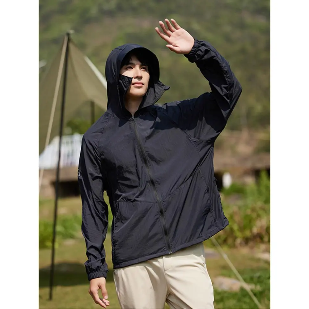 Men's UPF50+ Nylon Sun Protection Coat, Thin Plain Hooded Windbreaker, Ultra-Light Long Sleeve Zipper Menswear for Summer Sports & Outdoor Activities, Coats