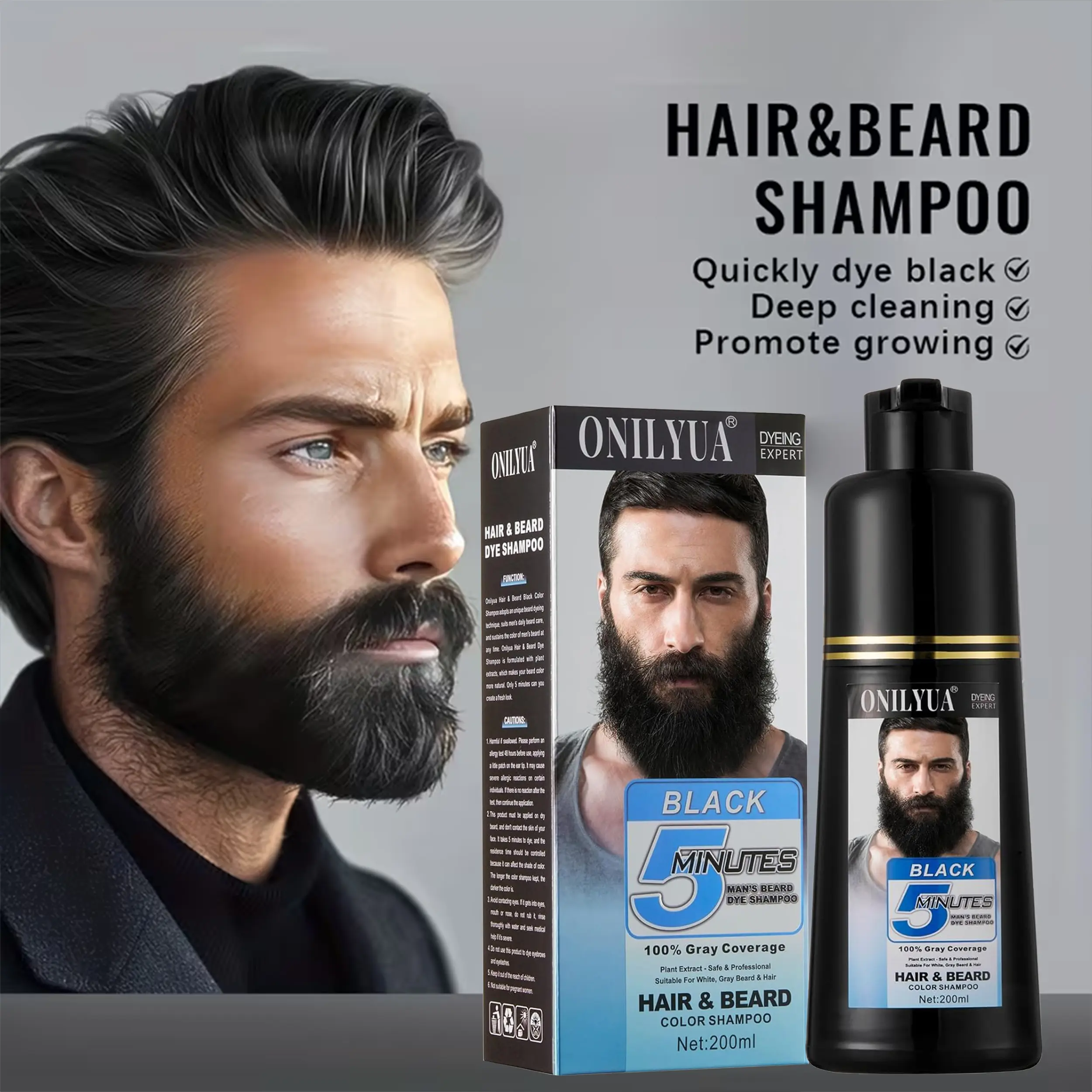 3 in 1 5 Minutes Black Beard & Hair Dye shampoo for Men,Black Hair Color Shampoo,Wash And Dye Shampoo for Hair And Beard,Cover Gray Beard And Hair,Increase Hair Shiny,Reduce Frizz,Oil control,For Beards & Hair Shampoo and Conditioner A gift for men