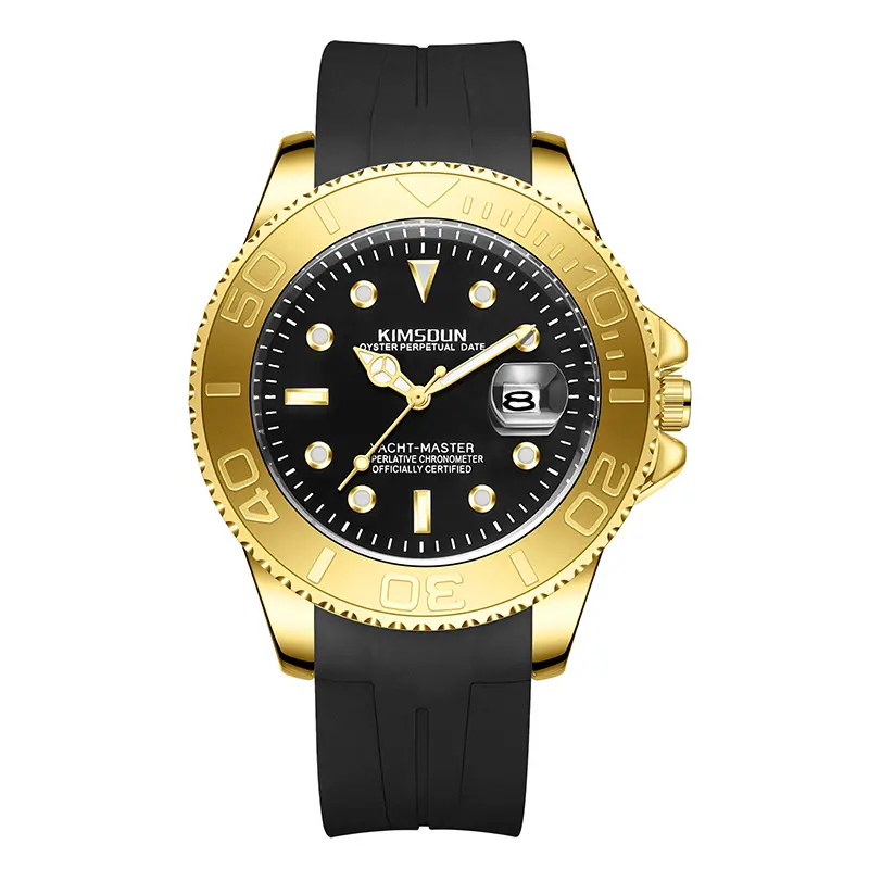 Men's Yacht Style Analog Quartz Watches with a Black and Gold Casual Round Dial, Durable Silicone Strap, Luminescent Hands and Date, Rubber, Waterproof, Classic Fashion Men's Watches, Black Gold Accent Wrist Watches