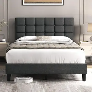 Upholstered Bed Frame, Modern Full Bed Platform with Square Stitched&Button Tufting Headboard Height Adjustable, Wooden Slats Support, No Box Spring Needed, Full Size, Dark Gray