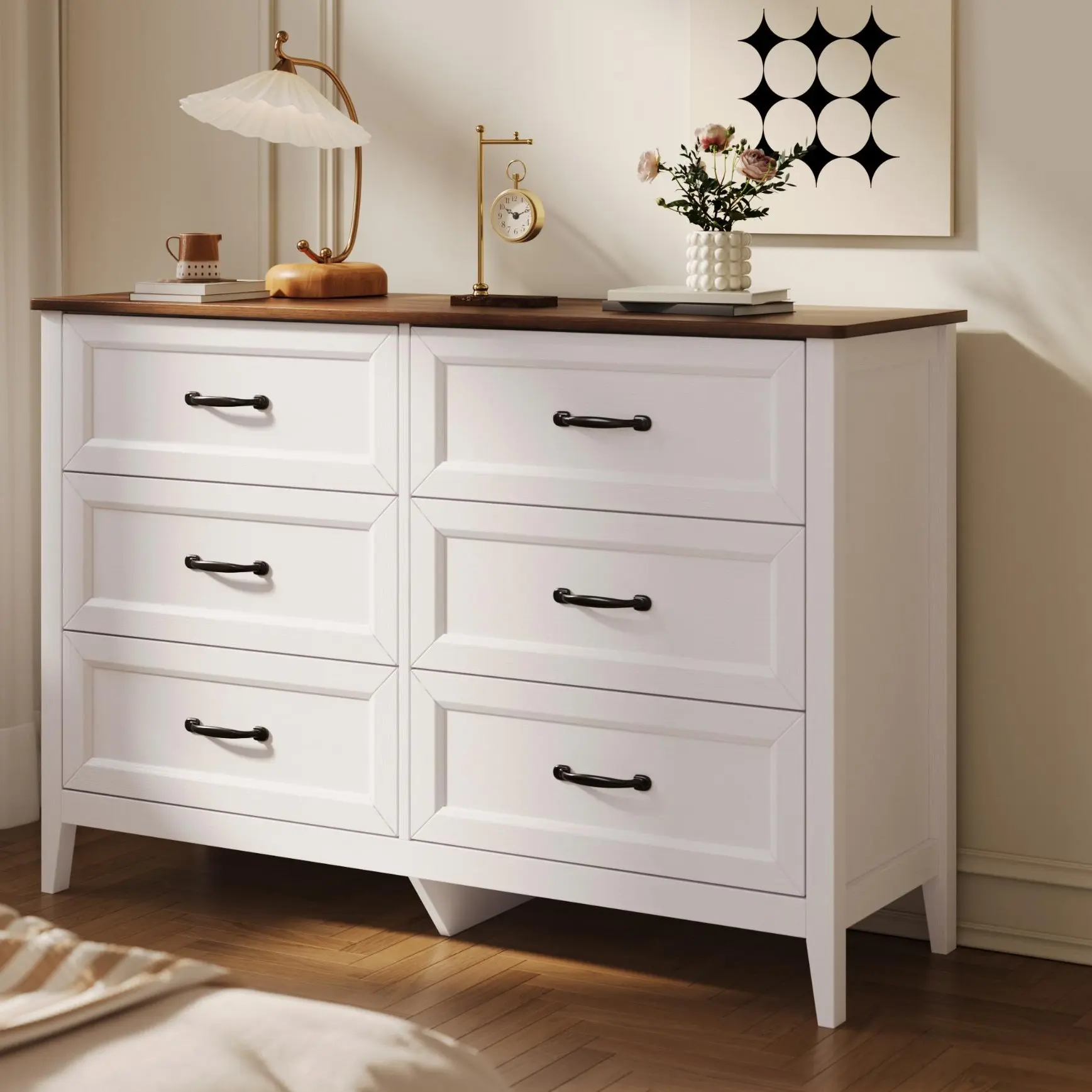 GIZOON 47.2" W Wooden Apartment Storage Cabinet - 6-Drawer Modern Home Furniture Dresser with Smooth Rails, Metal Handles, Anti-Tip Design for Bedroom, Living Room Organization