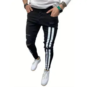 Men’s denim long pants — striped letter distressed destroyed ripped zip slim jeans; wild fashion pull-up trousers
