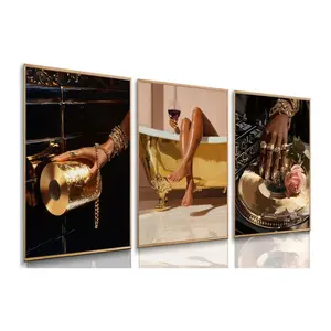 3Pcs Stylish Black Girl Bathroom Wall Art Gold African American Women Posters Prints Personalized Bathroom Aesthetics Images Wall decor for Bathroom Living Room Bedroom Unframed