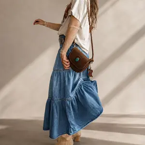Women's High-Waisted A-Line Denim Skirt - Bohemian Style, Flowing Ruffle, Button-Front, Tiered Design | Womenswear Bottom