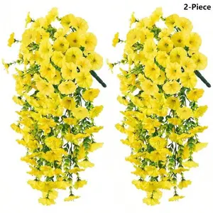2-Piece UV-Resistant PVC Hanging Floral Decor - Fading-Proof Artificial Morning Glory & Eucalyptus Cascading Faux Plants, Vibrant Pink/Purple/Yellow, for Outdoor Home Wall Décor, No Power Needed, Mothers Day Gift