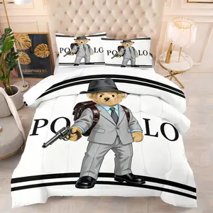Teddy bear printed pattern bedding set, including 1 blanket and 1 or 2 pillowcases without pillowcases, soft children's or adult bedroom decoration gift
