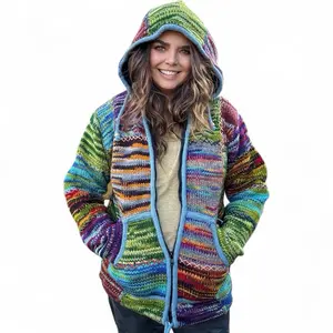 Hippie Haberdashery Wool Patchwork Jacket Fleece Lined Unisex Hood with Pockets made in Nepal