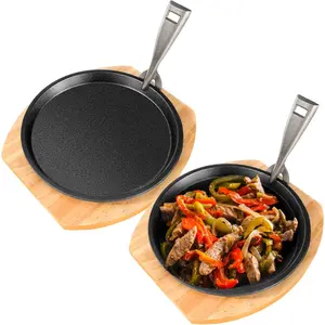 2 Set 8.7 Inch Cast Iron Fajita Plate Set with Wooden Base Anti Scald Protection Removable Handle Fajita Plate Sizzling Pan Cast Iron Skillets Sets for  Restaurant Kitchen BBQ Cooking