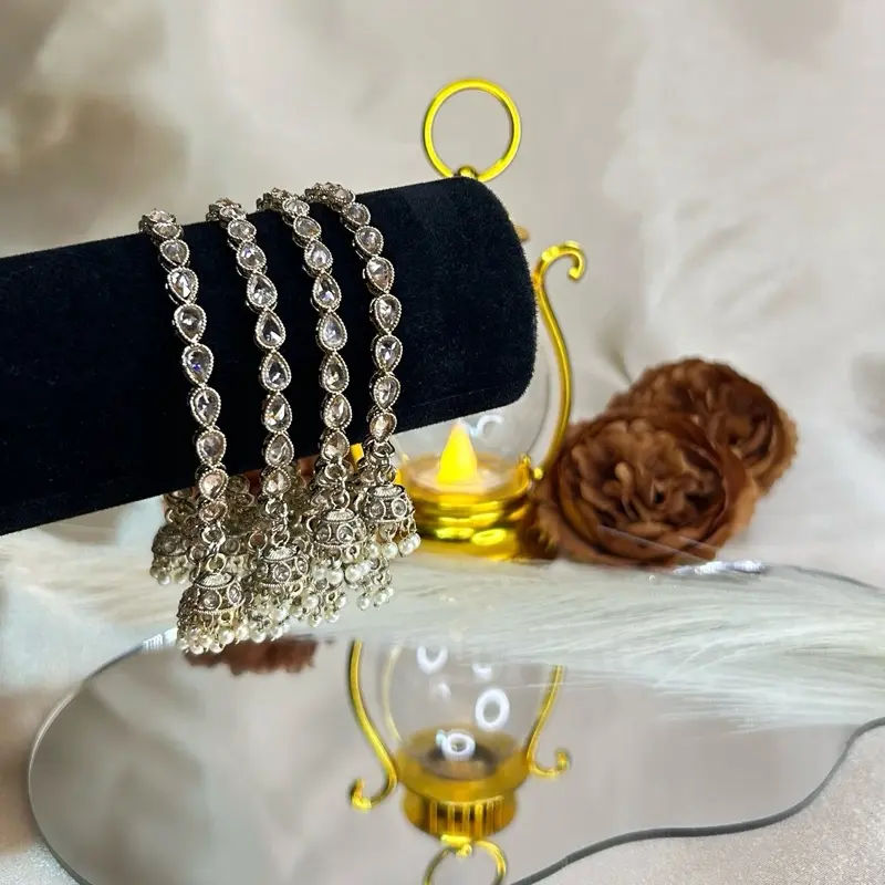 Desi Elegant Set Of 4 Gold Polki Jhumki Bangles