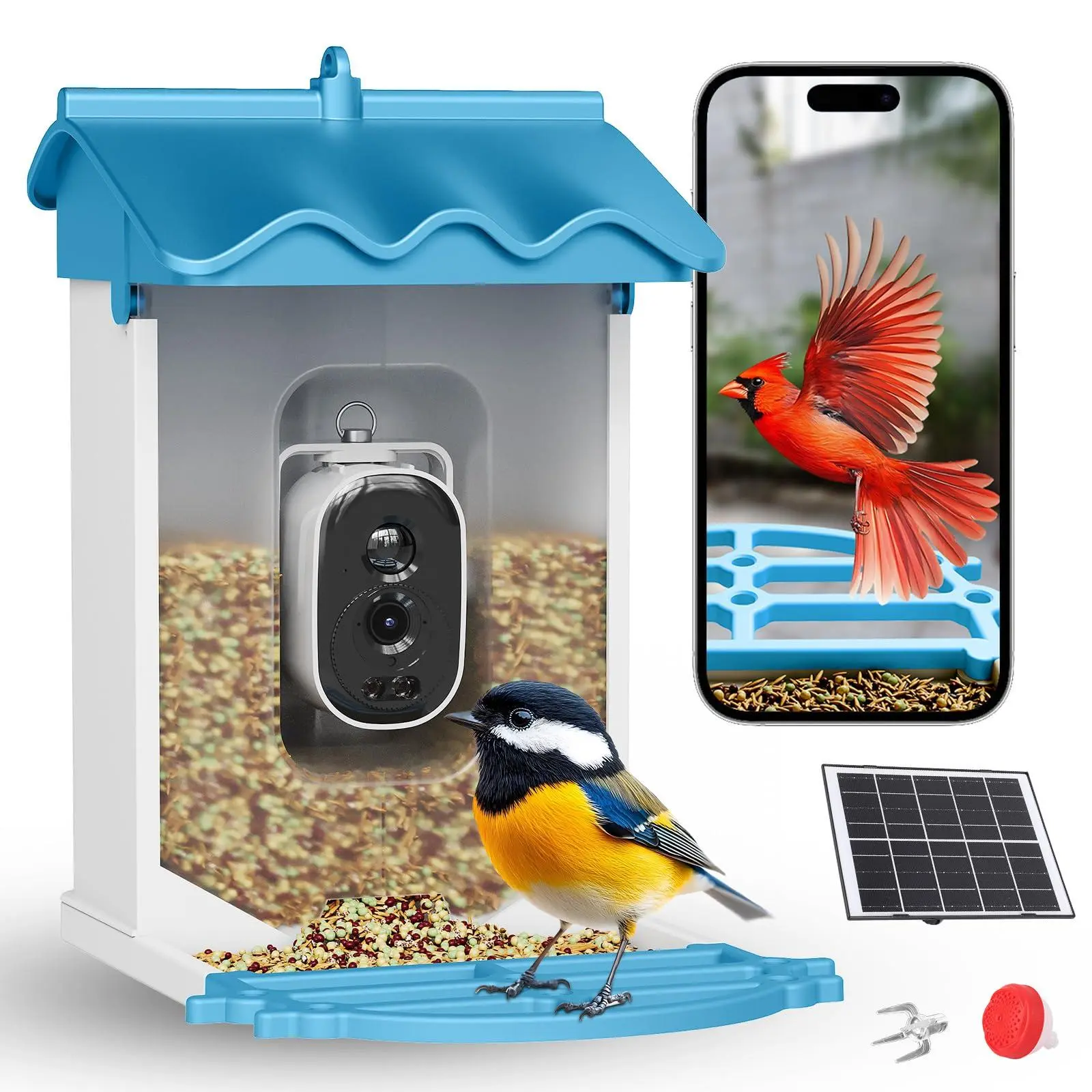 Smart Bird Feeder with Camera, 4K Ultra HD Live Video Wild Bird House with AI Recognition of 8000+ Species,Solar Powered Wireless Bird Camera,Squirrel Deterrent,Auto Capture,Ideal Gift for Bird Lovers,Blue