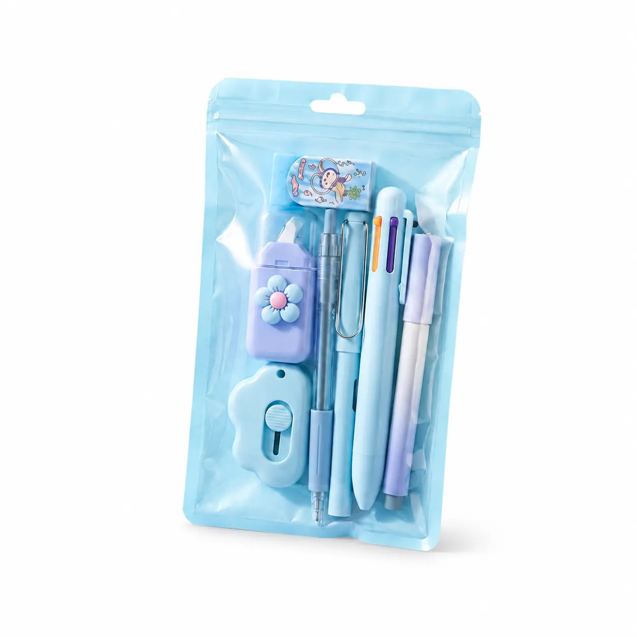 Pastel Blue Kawaii All-In-1 Stationery Kit - Portable Size School Supplies for Back-to-School, Teenage Girls' Gift with Correction Tape, Mechanical Pencil, Multi-Color Pen, Eraser, Sharpener, Home Office Desk Accessories, Cute School Supplies