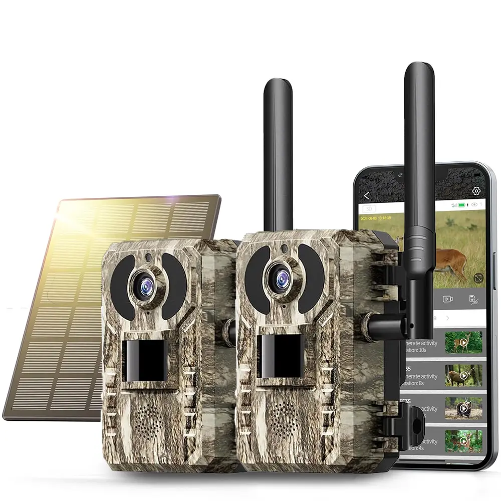 Twin Pack Cellular Trail Cameras - Best Hunting Accessories, No WiFi Needed, Night Vision, Dual-Sim LTE, IP65 Water-Resistant Game Camera with Solar Panel, 48MP Photos, 1080p Videos + Sound for Wildlife Deer Scouting Hunting or Property Security, Camo, Ou