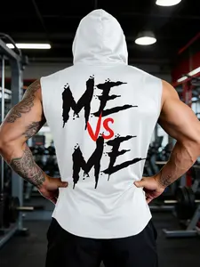 Men's "Me Vs Me" Motivational Print Sleeveless Hoodie, Athletic Workout Clothing, Casual Sports Tops, Gym Workout Streetwear Tank Top, Brushstroke Graphic Fitness Vest