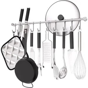 20-inch wall-mounted 304 stainless steel kitchen hanging rack with 10 quiet sliding hooks, utensil organizer for cooking spatulas and cups, silver