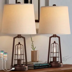 Farmhouse Table Lamp (Set of 2), 3-Way Dimmable Touch Control Lamp for Nightstands, Side Lamp with AC and USB Outlets, Oil-Finished Bronze Table Lamp for Living Rooms and Bedrooms (Includes 2 Bulbs)