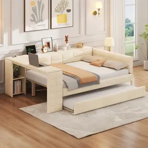 Full Size Upholstered Daybed Platform Bed Wood Frame with Storage Shelves, Desk, Charging Station and Trundle, No Box Spring Needed