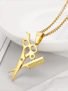 Stainless Steel Scissors Comb Pendant Necklace, Creative Stainless Steel Accessories, Hip-hop Punk Necklace