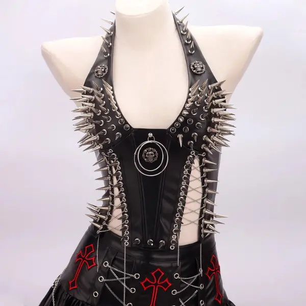 Gothic Tank - Bold Edgy Crop Top in PU Leather with Rivet Details for Summer Wear - Slight Stretch Material & Sleeveless Style