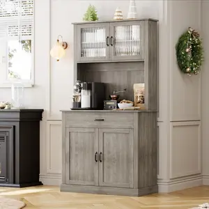 71" Tall Kitchen Hutch Storage Pantry with Microwave Stand, Freestanding Buffet with Shelves and Glass Doors for Home Dining Room, White