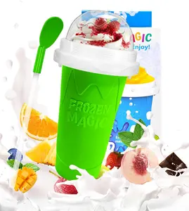 400ML Silicone EVA Slushie Maker Cup - DIY Magic Squeeze Cup with Lid, Cover, Straw & Spoon, Double-Layer Portable Kitchen Utensil for Milk, Ice Cream, Kids Gift (Green)