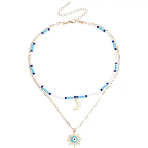Dainty Initial Necklaces for Women Colorful Beaded Shells Necklaces Bohemian 14K Gold Plated Necklace Jewelry Handmade Beads Choker Personalized Gifts for Women Trendy Blue White Beads MoonEye Sun