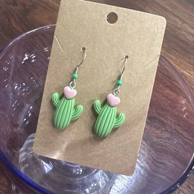 Cactus Succulent Love Dangle Drop Green & Pink Earrings
