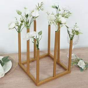 Gold Metal Flower Vase Centerpiece 10" 8-Tubes Minimalist Square Base Design - Single Stem Bud Vase for Floral Arrangements