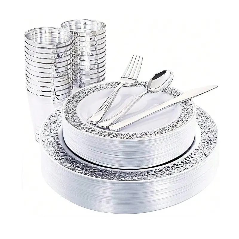 150PCS Silver Plastic Plates, Disposable Silverware & Plastic Silver Cups, Silver Rim Plastic Tableware Include 25 Dinner Plates, 25 Dessert Plates, 25 Tumblers, 25 Forks, 25 Knives, 25 Spoons