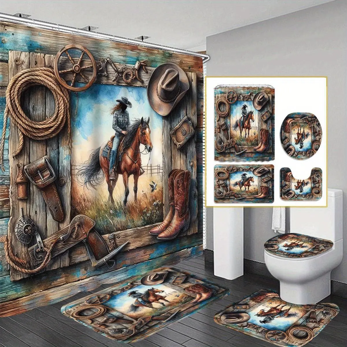 Cowboy & Horse Pattern Bathroom Restroom Decorations, 4 Counts/set Including Shower Curtain & Toilet Lid Cover & Mat & U-shaped Mat, Bathroom Accessories, Shower Curtain Sets