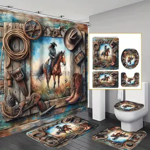 Cowboy & Horse Pattern Bathroom Decorations, 4 Counts/set Including Shower Curtain & Toilet Lid Cover & Mat & U-shaped Mat, Bathroom Accessories, Shower Curtain Sets