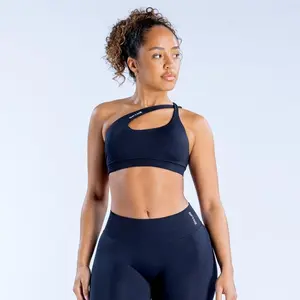 (with logo)Dfyne Impact Asymmetric Sports Bra - Seamless Design, Strappy Back, High Stretch Durable Fabric, Removable Bra Pads, Medium Support
