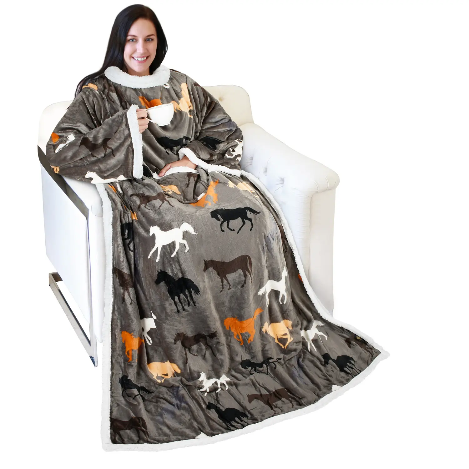 Catalonia Sherpa Wearable Blanket with Sleeves Arms, Comfy Sleeved TV Blanket, Large Snuggle Throw for Women and Men