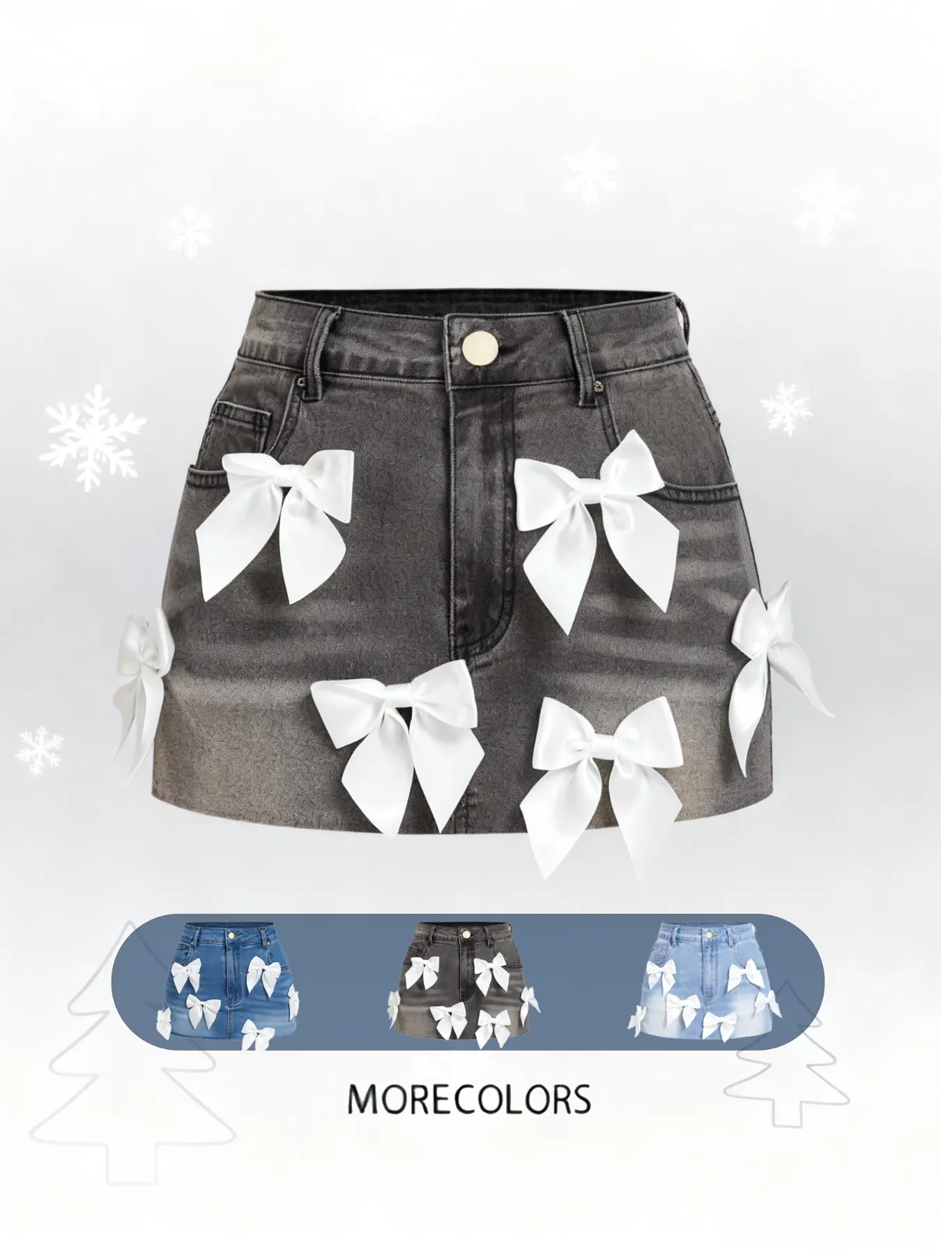 Women's Elastic Denim Short Skirt with Bow, Butterfly, Slant Pockets, High Stretch Fitted Fabric, Womenswear Casual Chic Elegant Fashion for Parties Holidays Daily Wear, Cute Bottom