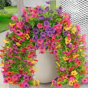 Artificial Fake Flowers Plants for Outdoor Spring Summer Decoration,4 PCS Faux Silk Morning Glory with Eucalyptus Leaves,UV Resistant Realistic Outdoor Flowers for Balcony Porch Patio Yard Garden