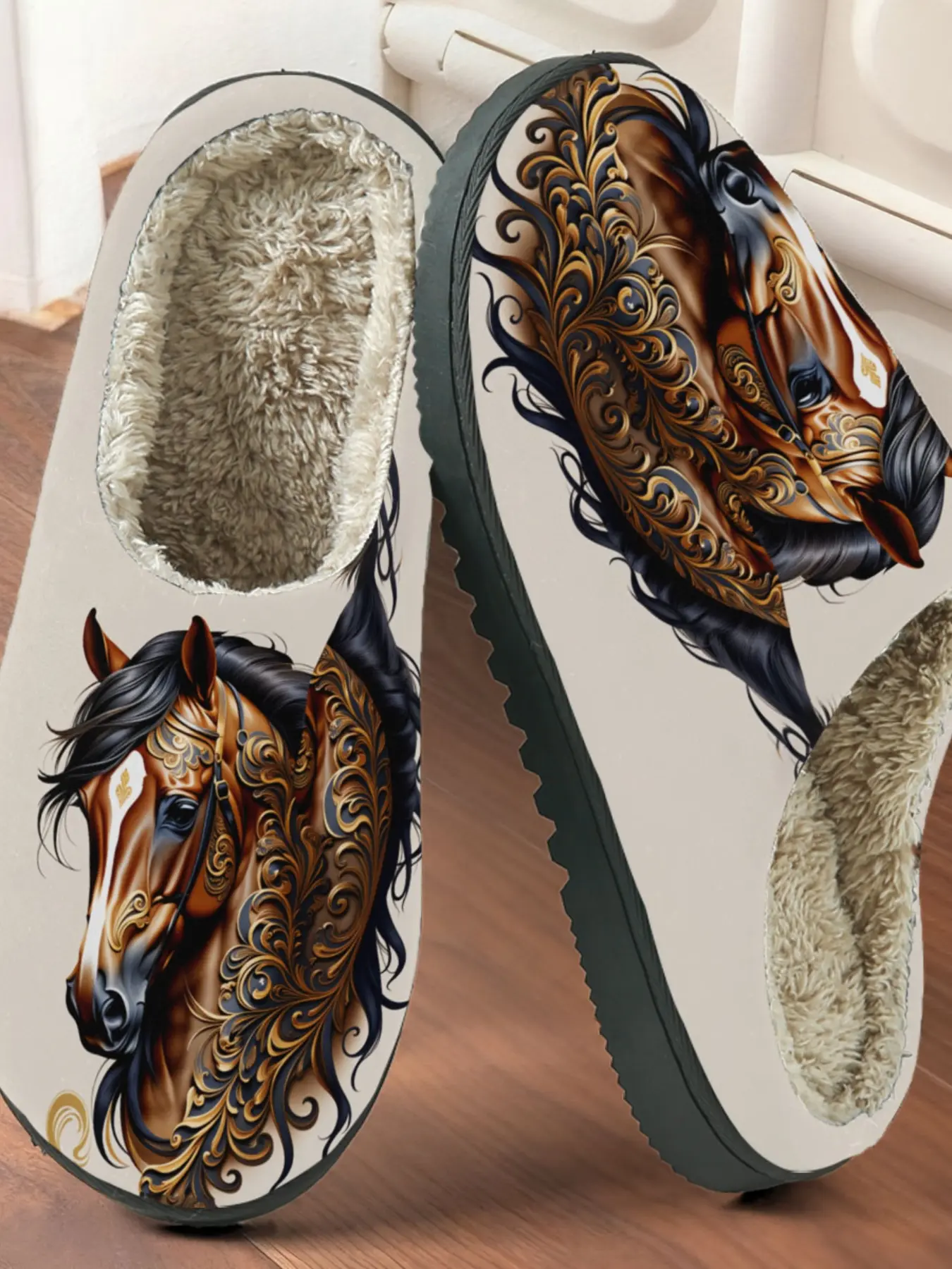 Elegant Horse Carving Cotton Slippers, Vintage Luxurious Style, Plush Lining Anti-Slip Thick Sole, Fall & Winter Warm Home Shoes