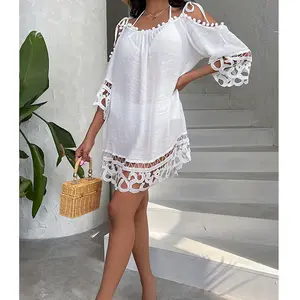 Hollow-out Lace Beach Dress White Solid Color Loose Fit Sun Protection Cover-up for Casual Vacations and Poolside Style